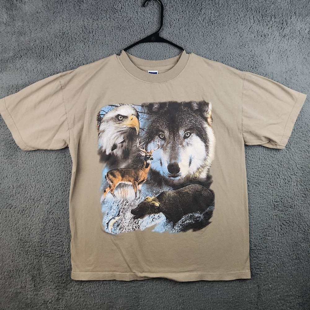 Vintage 90s Wolf Bald Eagle Bear Nature Graphic T Shirt Mens XL Wildlife Tan